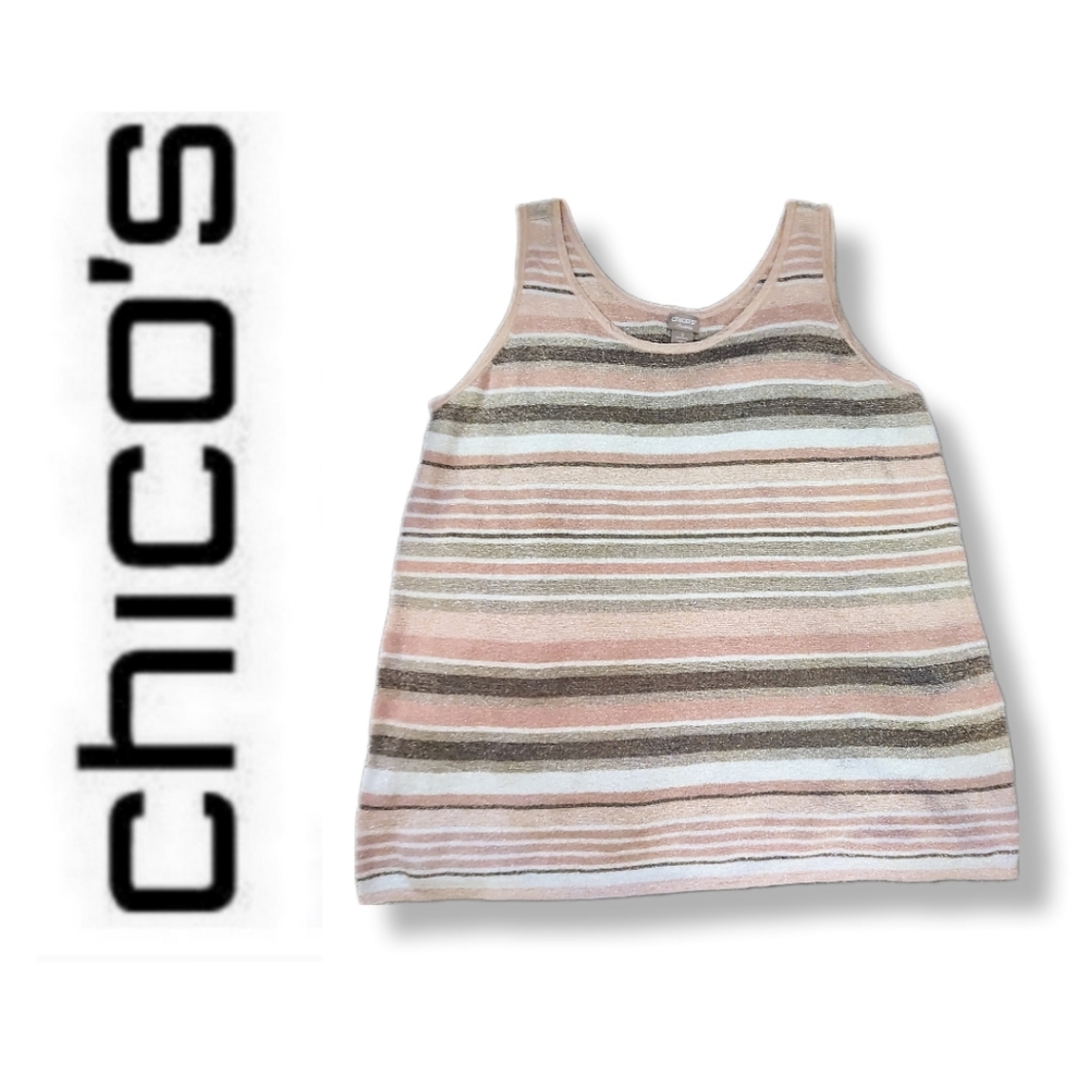 Chico's Rare Travelers Tank, Striped. Metallic. Pink/Beige, sz 3 (16 XL)